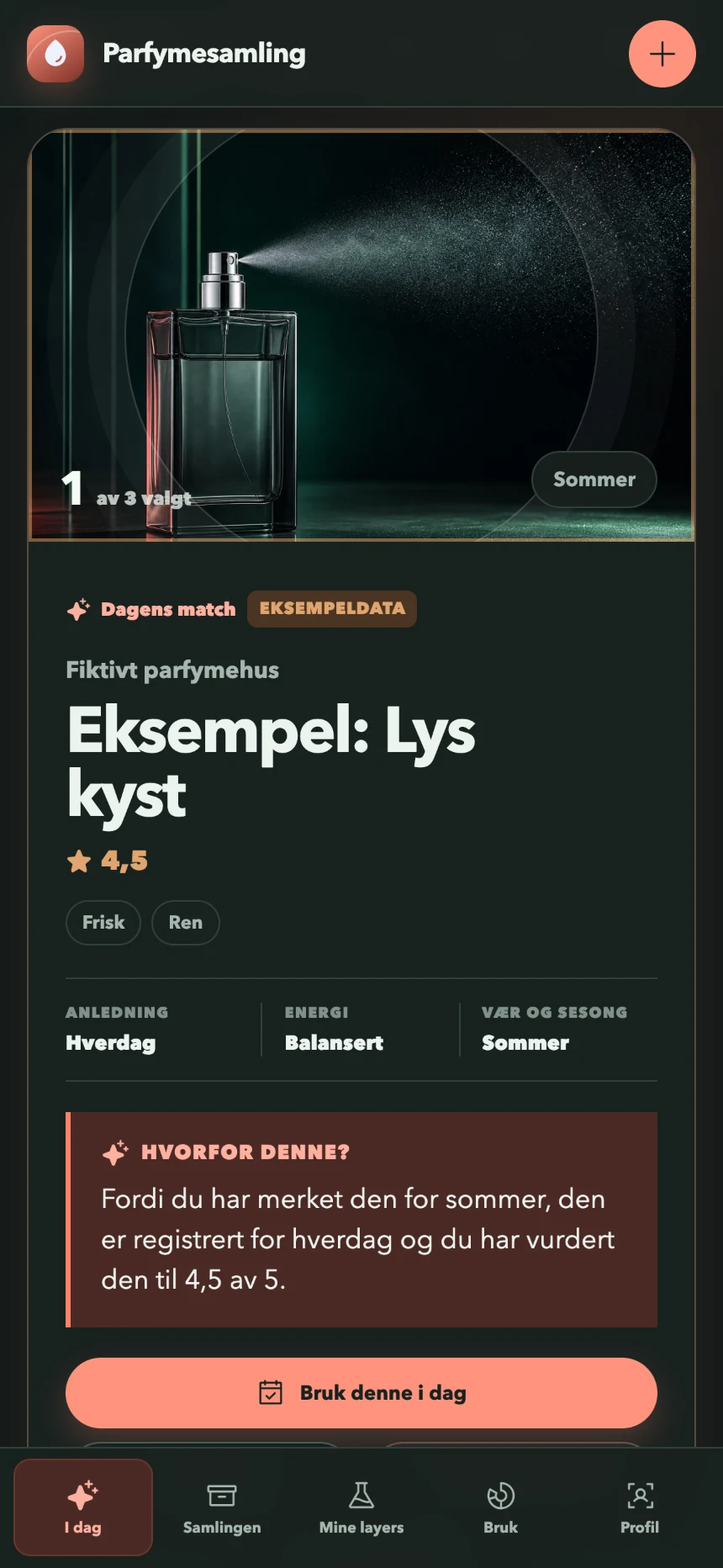 Dagens forslag i Parfymesamling, med anbefaling, begrunnelse og handling for å registrere bruk
